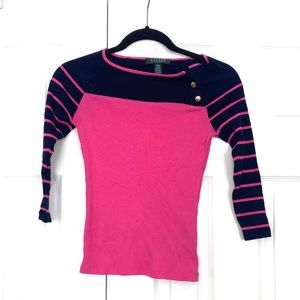 Ralph Lauren Pink 3/4 sleeve Navy Top PXS